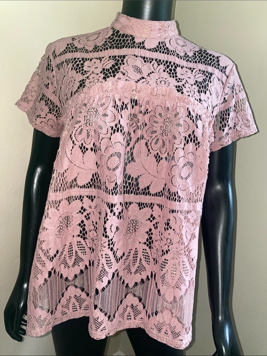 Luna Rae Tops - Luna Rae High-Neck Lace Blouse in Pink Dusty Rose